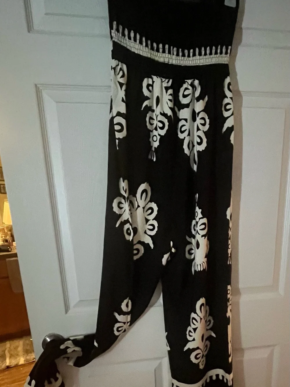 Strapless Black and Cream Patterned Wide-Leg Jumpsuit